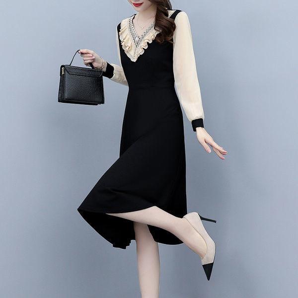 Női A-vonalú midi ruha, V-nyakú, magas derék, poliészter, egyszínű minta