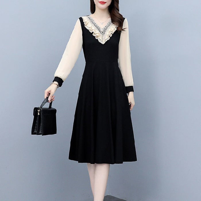 Női A-vonalú midi ruha, V-nyakú, magas derék, poliészter, egyszínű minta