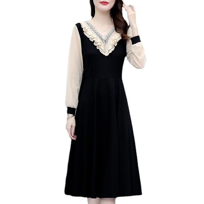 Női A-vonalú midi ruha, V-nyakú, magas derék, poliészter, egyszínű minta