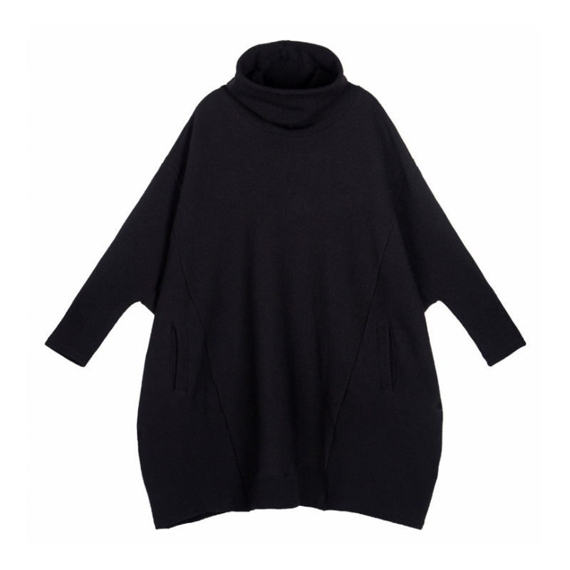 Kötött garbónyakú ruha, cocoon sziluett, szabálytalan midi szoknya, hosszú ujjú, laza derék – viszkóz alapú kötött anyag 50–70% akril keverék