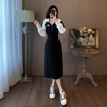 Hosszú pulóverruha kapucnival – magas derék, A-vonalú sziluett, hosszú ujju, 3D minta, pamut-poliészter keverék anyag, tavasz 2024