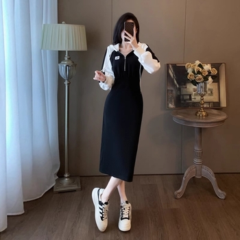 Hosszú pulóverruha kapucnival – magas derék, A-vonalú sziluett, hosszú ujju, 3D minta, pamut-poliészter keverék anyag, tavasz 2024