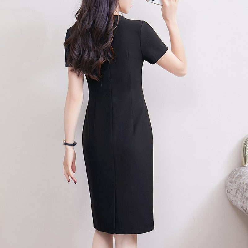 Midi ruha: poliészter, rövid ujjú, kerek nyakú, cipzár, középső derekú.