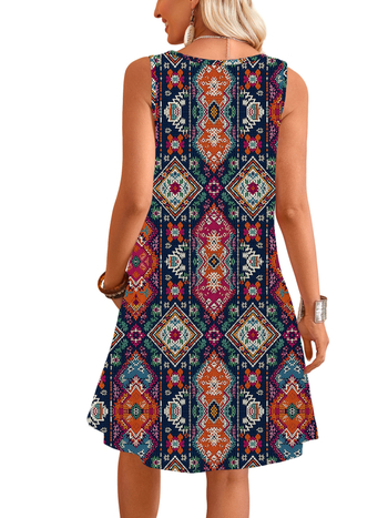 Φόρεμα από πολυεστέρα σε γραμμή Α, μίντι μήκος, χωρίς μανίκια, στρογγυλός λαιμός, ψηφιακή εκτύπωση, γεωμετρικό σχέδιο