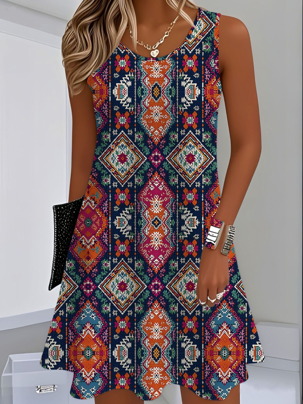 Φόρεμα από πολυεστέρα σε γραμμή Α, μίντι μήκος, χωρίς μανίκια, στρογγυλός λαιμός, ψηφιακή εκτύπωση, γεωμετρικό σχέδιο