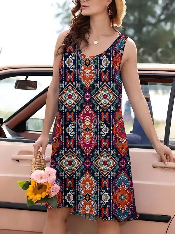 Φόρεμα από πολυεστέρα σε γραμμή Α, μίντι μήκος, χωρίς μανίκια, στρογγυλός λαιμός, ψηφιακή εκτύπωση, γεωμετρικό σχέδιο