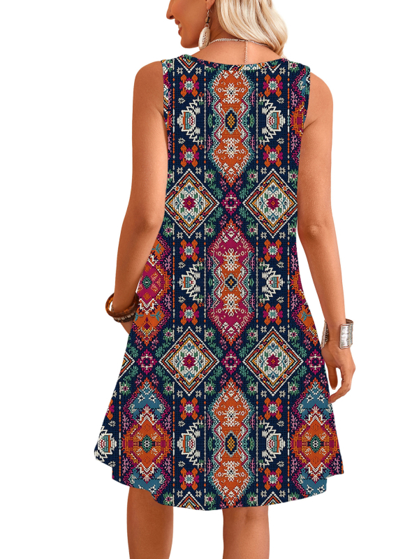 Φόρεμα από πολυεστέρα σε γραμμή Α, μίντι μήκος, χωρίς μανίκια, στρογγυλός λαιμός, ψηφιακή εκτύπωση, γεωμετρικό σχέδιο