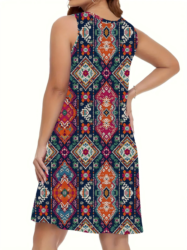 Φόρεμα από πολυεστέρα σε γραμμή Α, μίντι μήκος, χωρίς μανίκια, στρογγυλός λαιμός, ψηφιακή εκτύπωση, γεωμετρικό σχέδιο