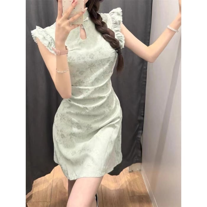 Poliészterből készült cheongsam ruha, virágos mintával, Feifei ujjakkal, félnyitott gallér, A-vonalú ruha