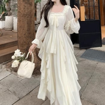 Kender anyagú midi ruha, A-vonalú szabás, hosszú ujjú, magas gallér, fodor