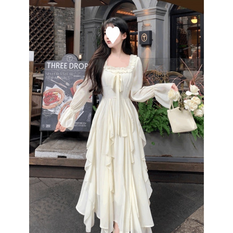 Kender anyagú midi ruha, A-vonalú szabás, hosszú ujjú, magas gallér, fodor