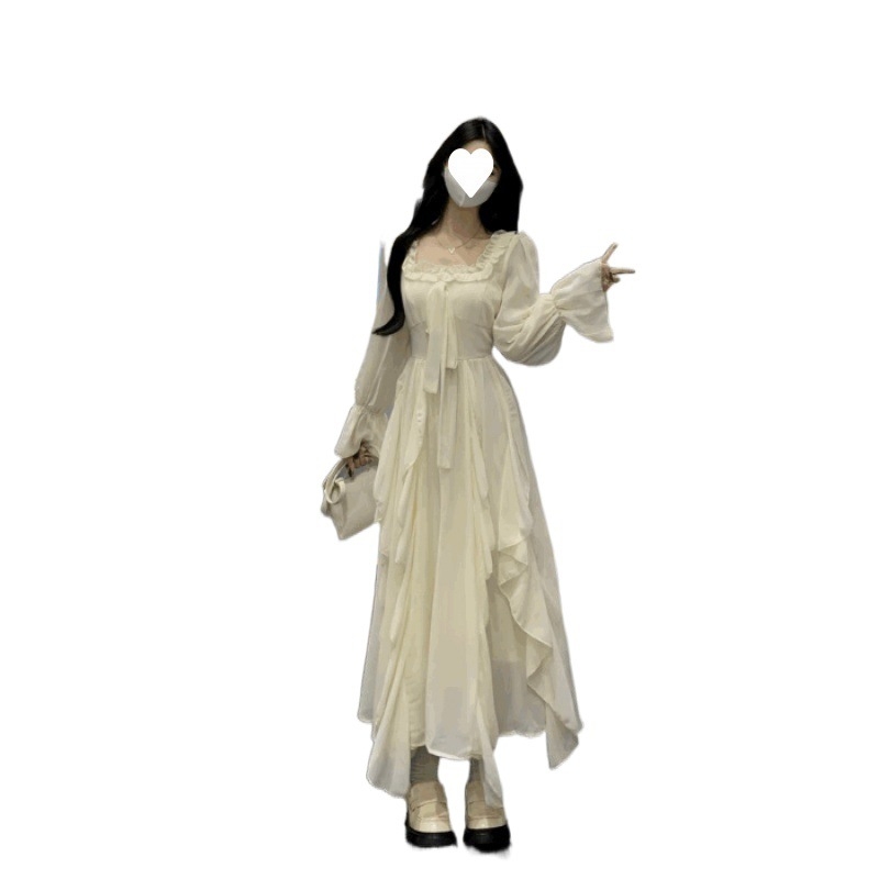 Kender anyagú midi ruha, A-vonalú szabás, hosszú ujjú, magas gallér, fodor