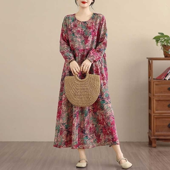Otisnuta duga haljina s dugim rukavima u retro stilu, pamuk-linen mješavina, polyester ispod 30%, A-linijski kroj, okrugli izrez.
