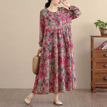 Otisnuta duga haljina s dugim rukavima u retro stilu, pamuk-linen mješavina, polyester ispod 30%, A-linijski kroj, okrugli izrez.
