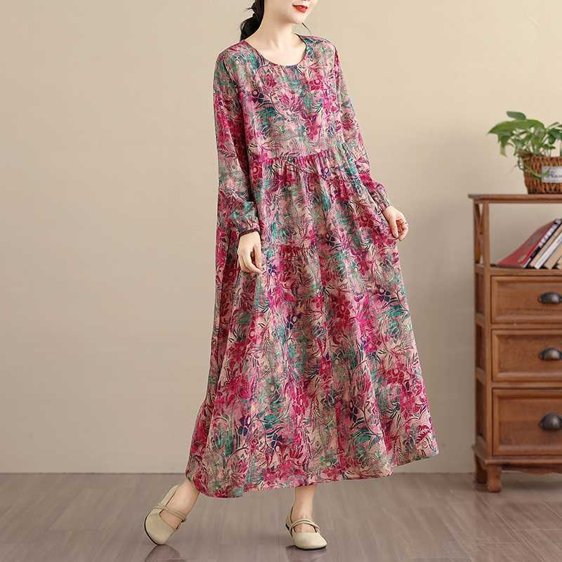 Otisnuta duga haljina s dugim rukavima u retro stilu, pamuk-linen mješavina, polyester ispod 30%, A-linijski kroj, okrugli izrez.