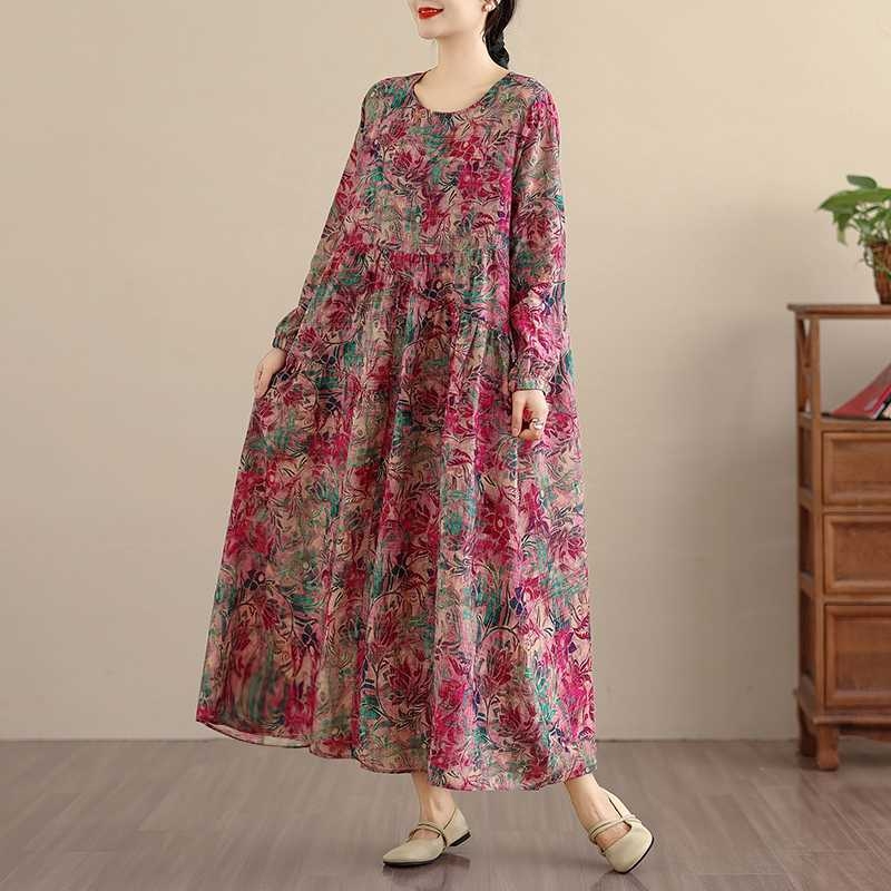 Otisnuta duga haljina s dugim rukavima u retro stilu, pamuk-linen mješavina, polyester ispod 30%, A-linijski kroj, okrugli izrez.