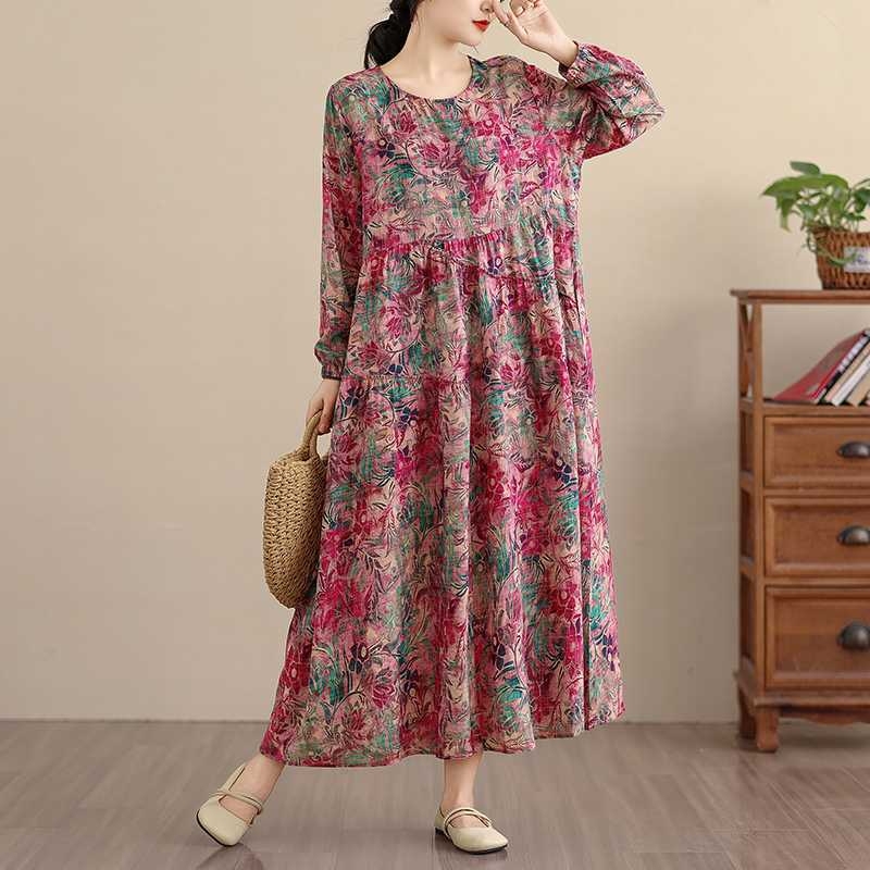 Otisnuta duga haljina s dugim rukavima u retro stilu, pamuk-linen mješavina, polyester ispod 30%, A-linijski kroj, okrugli izrez.