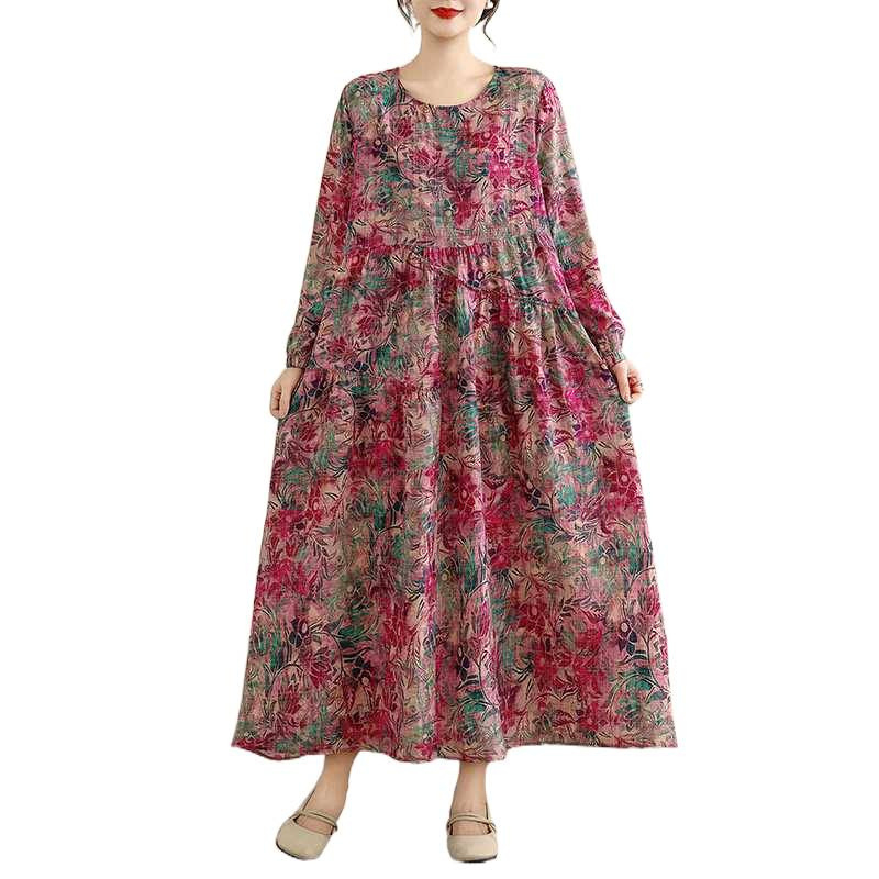 Otisnuta duga haljina s dugim rukavima u retro stilu, pamuk-linen mješavina, polyester ispod 30%, A-linijski kroj, okrugli izrez.