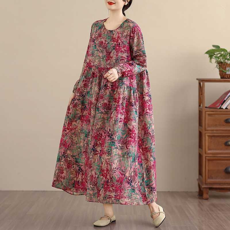 Otisnuta duga haljina s dugim rukavima u retro stilu, pamuk-linen mješavina, polyester ispod 30%, A-linijski kroj, okrugli izrez.