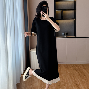 Csipés paneles ruha, poliészter anyag, kerek nyak, rövid ujjú, hosszú szoknya, plusz méret, nyár 2025