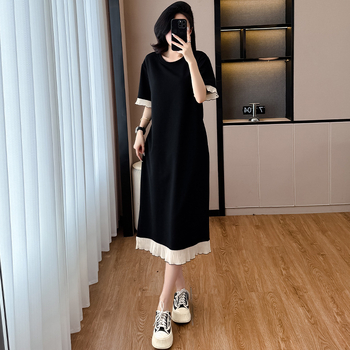 Csipés paneles ruha, poliészter anyag, kerek nyak, rövid ujjú, hosszú szoknya, plusz méret, nyár 2025