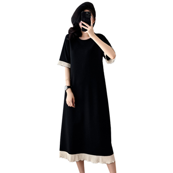 Csipés paneles ruha, poliészter anyag, kerek nyak, rövid ujjú, hosszú szoknya, plusz méret, nyár 2025