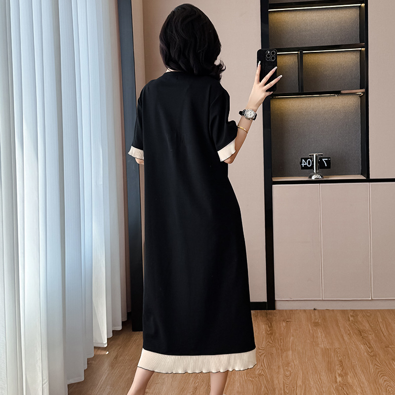 Csipés paneles ruha, poliészter anyag, kerek nyak, rövid ujjú, hosszú szoknya, plusz méret, nyár 2025