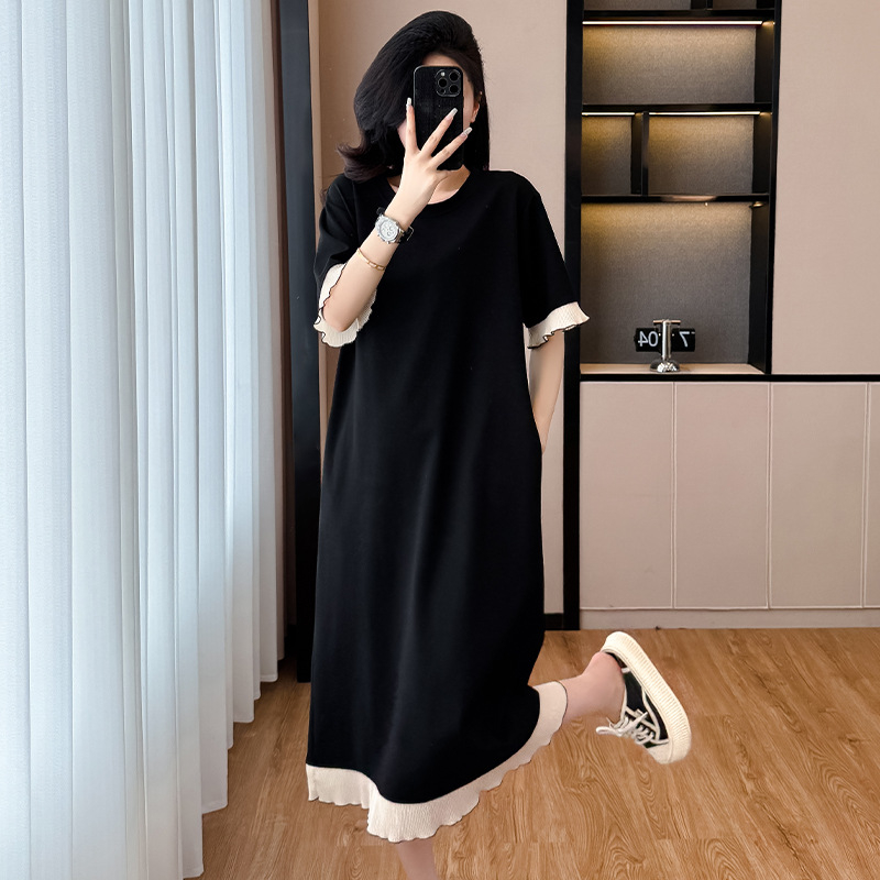 Csipés paneles ruha, poliészter anyag, kerek nyak, rövid ujjú, hosszú szoknya, plusz méret, nyár 2025