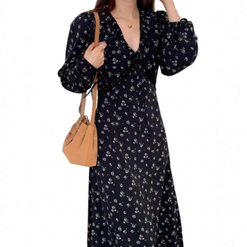 Ruha hosszú ujjú és V-nyakú, városi tájkép mintás, tündérszoknya, Spandex anyag