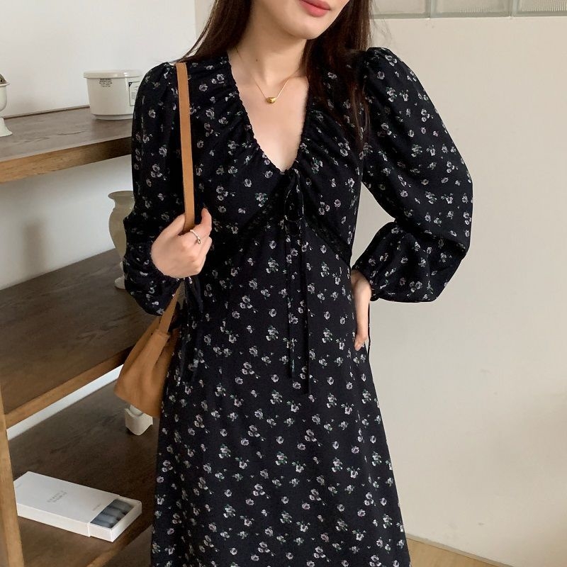 Ruha hosszú ujjú és V-nyakú, városi tájkép mintás, tündérszoknya, Spandex anyag