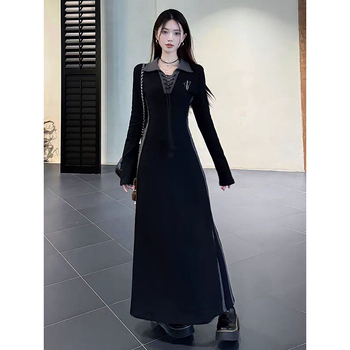 Hepburn-stílusú ruha tavasz-őszi szezonra, polo gallérral, hosszú ujjú, középmagas derékvonalú, középső hosszúságú