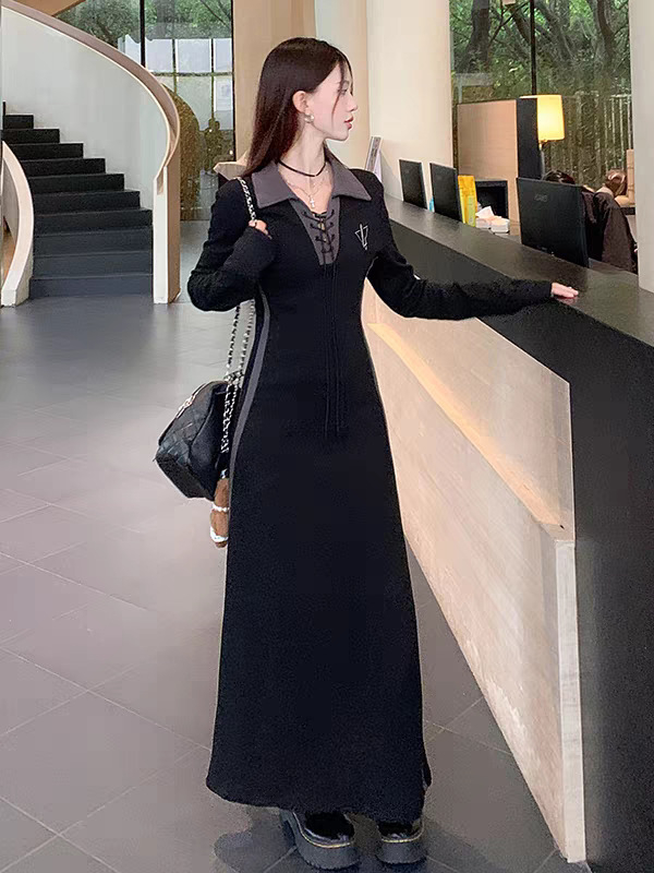 Hepburn-stílusú ruha tavasz-őszi szezonra, polo gallérral, hosszú ujjú, középmagas derékvonalú, középső hosszúságú