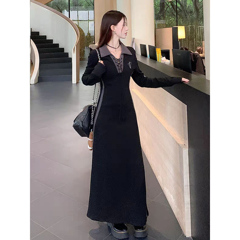 Hepburn-stílusú ruha tavasz-őszi szezonra, polo gallérral, hosszú ujjú, középmagas derékvonalú, középső hosszúságú