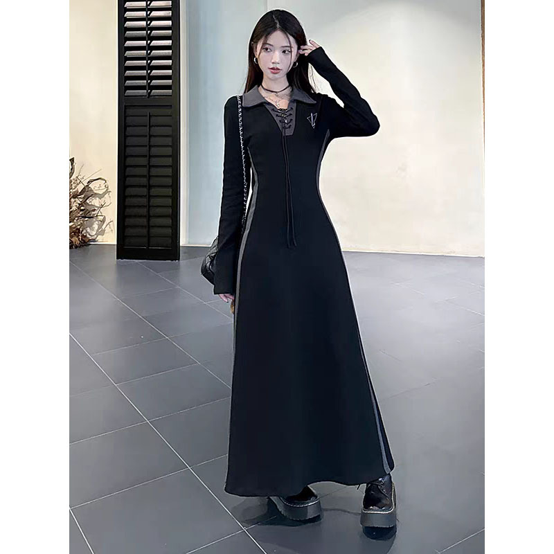 Hepburn-stílusú ruha tavasz-őszi szezonra, polo gallérral, hosszú ujjú, középmagas derékvonalú, középső hosszúságú