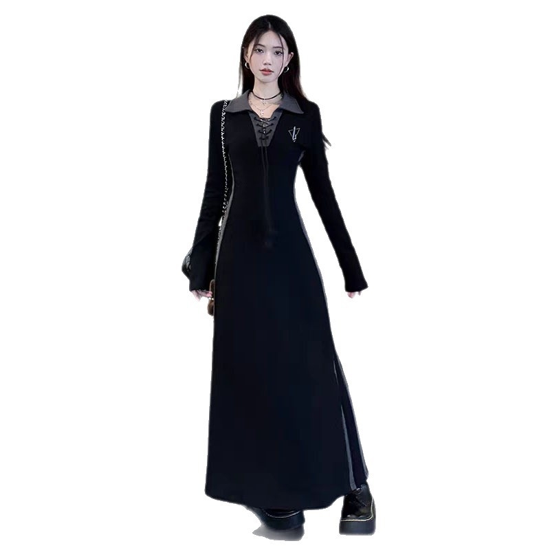 Hepburn-stílusú ruha tavasz-őszi szezonra, polo gallérral, hosszú ujjú, középmagas derékvonalú, középső hosszúságú