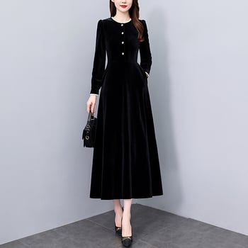 Hepburn-stílusú velúr ruha, hosszú, mintás, kerek nyakú, hosszú ujjú, A-vonalú, poliészter-velúr anyag