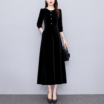 Hepburn-stílusú velúr ruha, hosszú, mintás, kerek nyakú, hosszú ujjú, A-vonalú, poliészter-velúr anyag