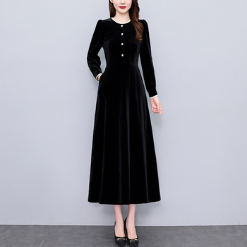 Hepburn-stílusú velúr ruha, hosszú, mintás, kerek nyakú, hosszú ujjú, A-vonalú, poliészter-velúr anyag