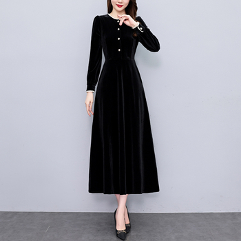 Hepburn-stílusú velúr ruha, hosszú, mintás, kerek nyakú, hosszú ujjú, A-vonalú, poliészter-velúr anyag