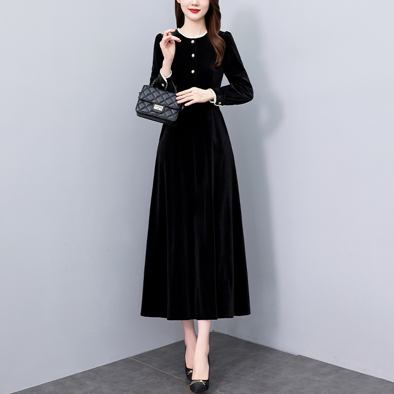 Hepburn-stílusú velúr ruha, hosszú, mintás, kerek nyakú, hosszú ujjú, A-vonalú, poliészter-velúr anyag