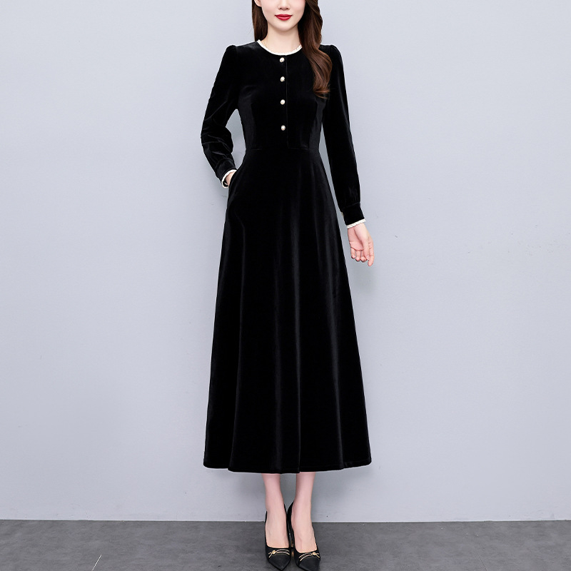 Hepburn-stílusú velúr ruha, hosszú, mintás, kerek nyakú, hosszú ujjú, A-vonalú, poliészter-velúr anyag