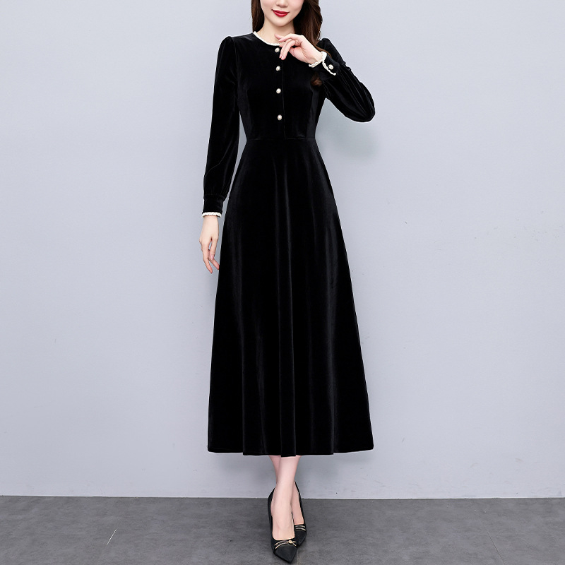 Hepburn-stílusú velúr ruha, hosszú, mintás, kerek nyakú, hosszú ujjú, A-vonalú, poliészter-velúr anyag