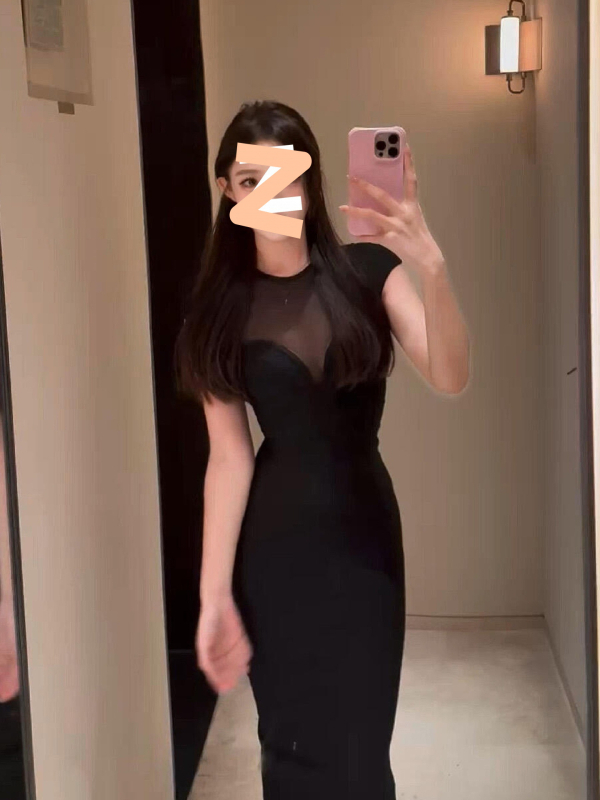 Haljina s mrežastim panelima, uski kroj, dugi rukavi, srednja duljina u A-liniji, elegantan gradski stil