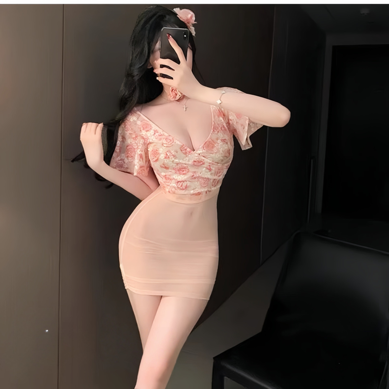 Noćna haljina od čipke s cvjetnim uzorkom, mrežasta i prozirna, tijelo-priljubljeni kroj, poliester