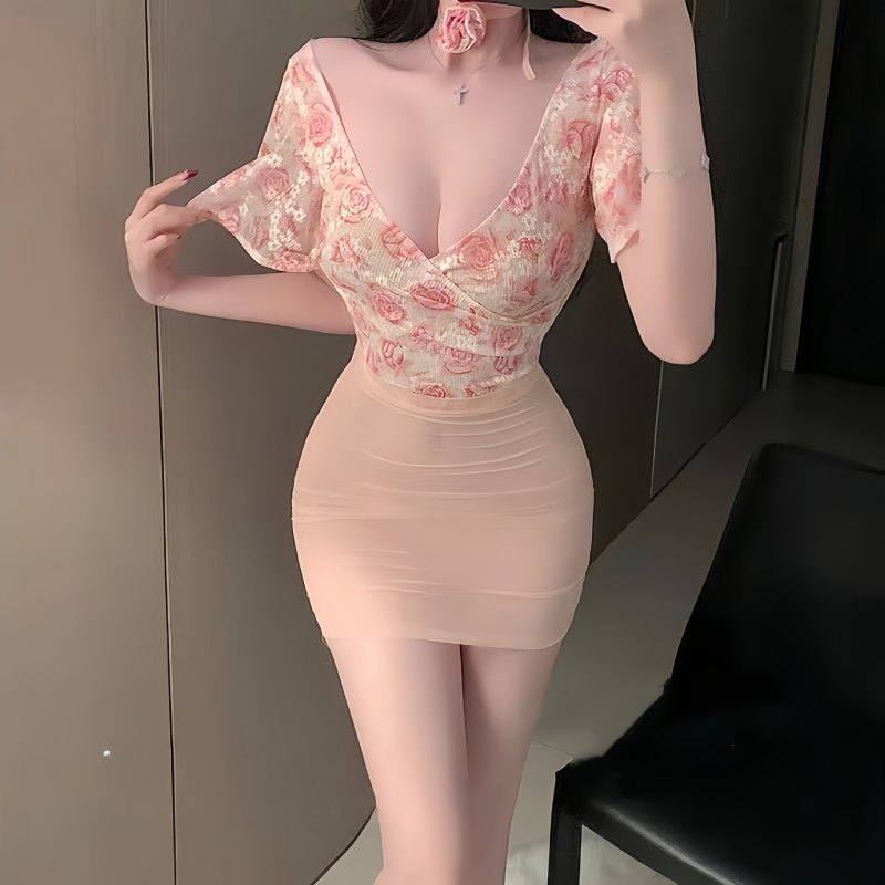 Noćna haljina od čipke s cvjetnim uzorkom, mrežasta i prozirna, tijelo-priljubljeni kroj, poliester