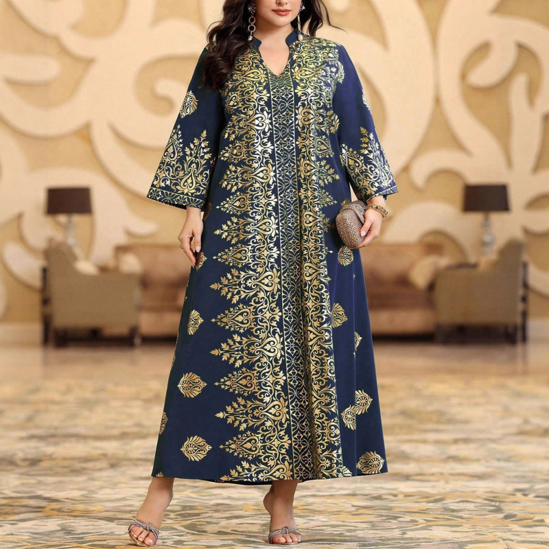 Elegantna duga haljina s V izrezom, dugi rukavi, široka silueta, poliester s Hotfix kristalima