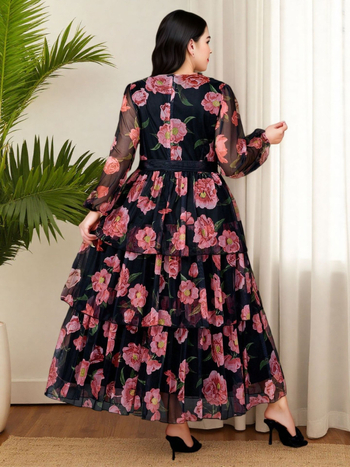 Duga A-linijska suknja s floralnim uzorkom, poliester, retro stil