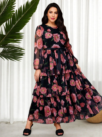 Duga A-linijska suknja s floralnim uzorkom, poliester, retro stil