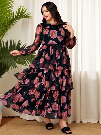 Duga A-linijska suknja s floralnim uzorkom, poliester, retro stil