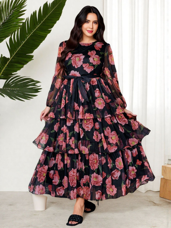 Duga A-linijska suknja s floralnim uzorkom, poliester, retro stil